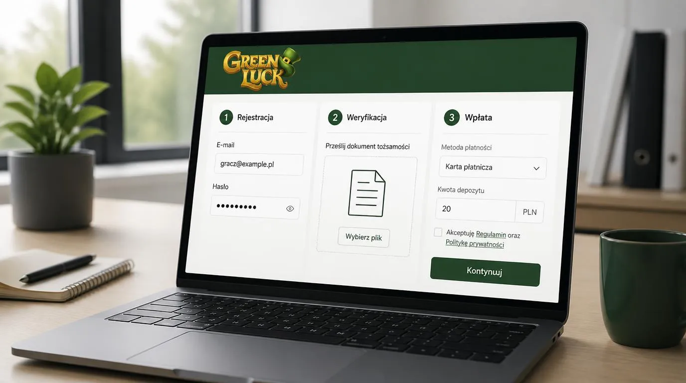 Panel rejestracji, weryfikacji tożsamości i wpłaty 20 PLN na ekranie laptopa