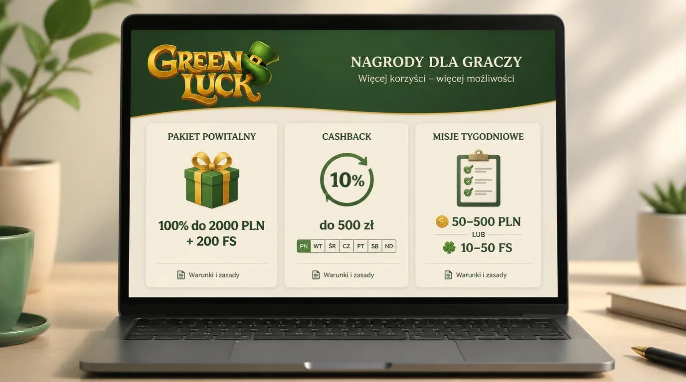 Panel nagród kasynowych z ofertą powitalną, tygodniowym cashbackiem i kartą misji