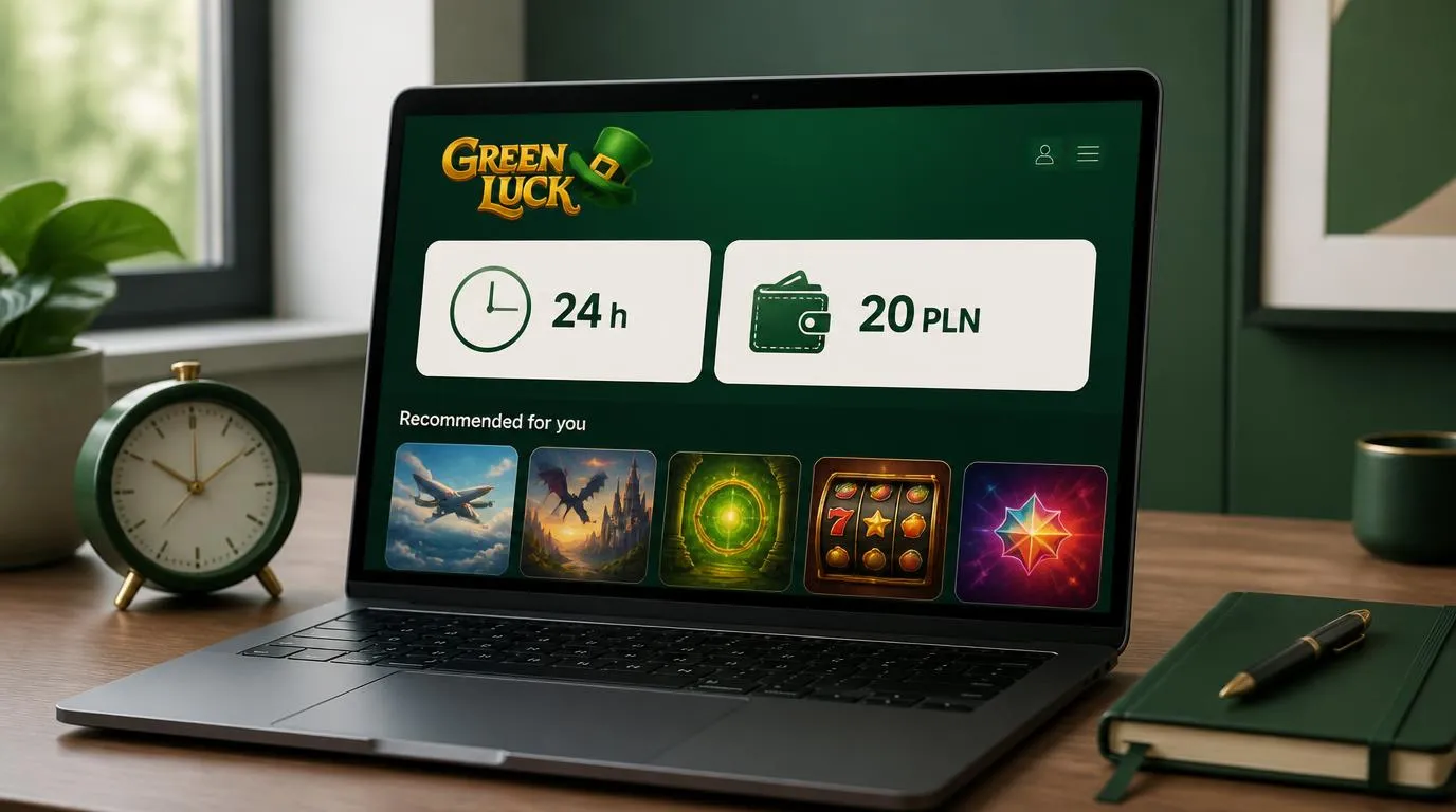 Panel kasyna z oznaczeniami 24 h i 20 PLN obok zegara oraz miniatur gier na ekranie laptopa