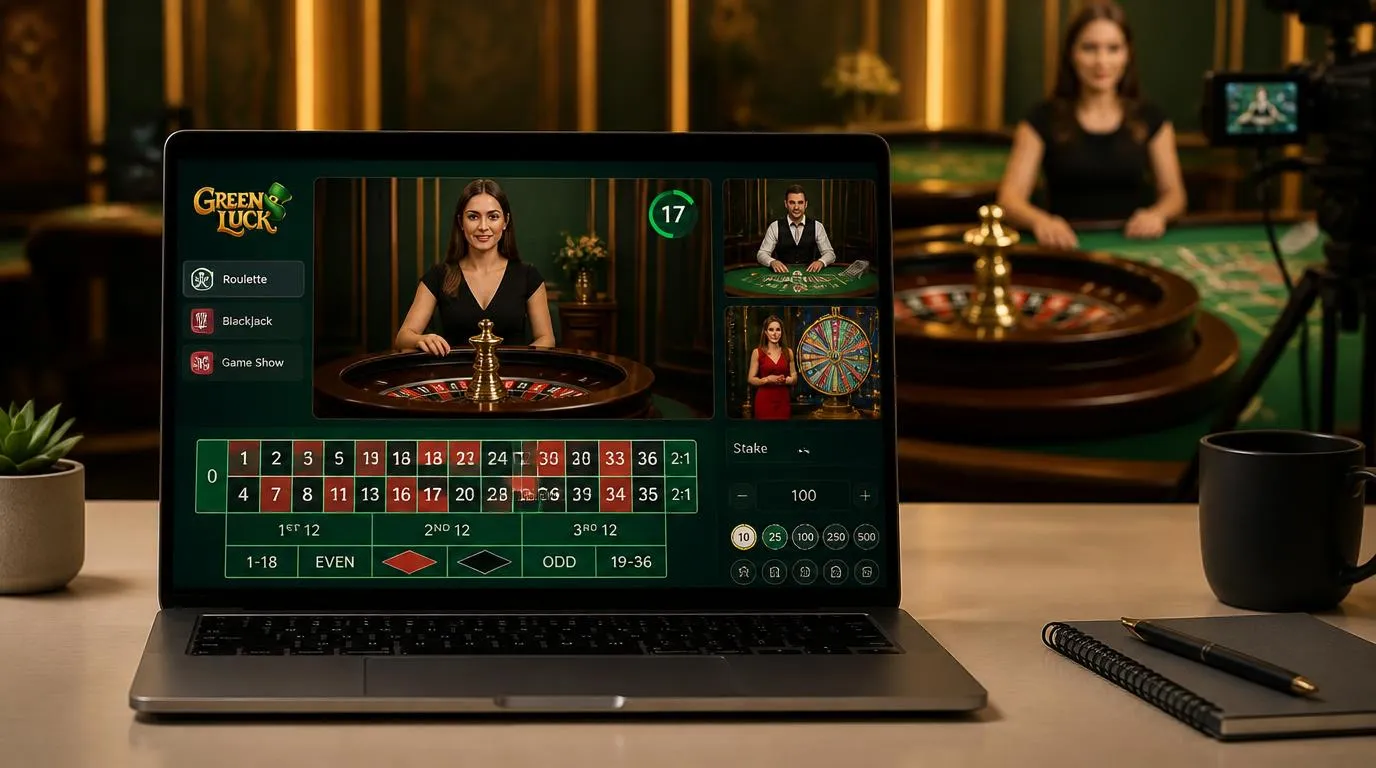 Krupier przy stole ruletki i ekran laptopa z transmisją live oraz czytelnym panelem zakładów