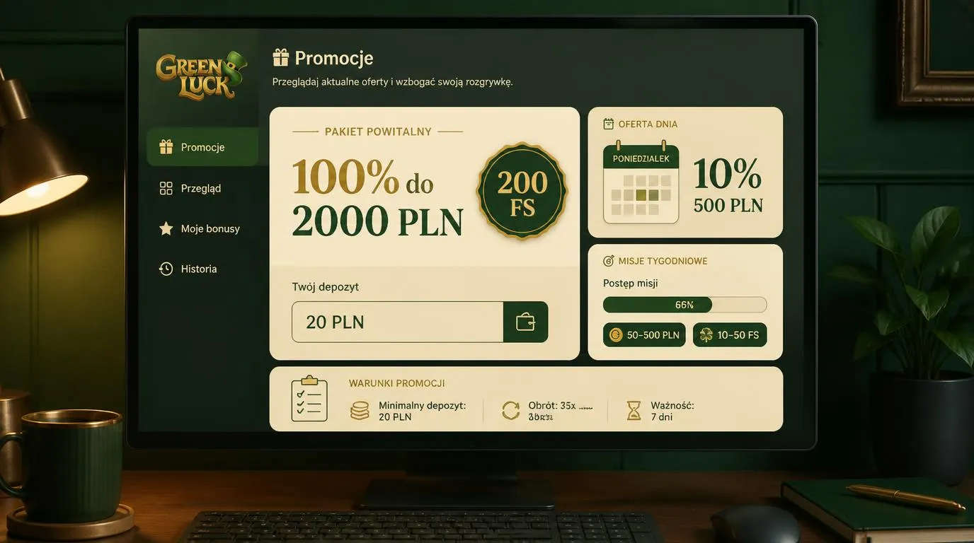 Panel promocji kasyna z bonusem 100% do 2000 PLN, 200 darmowymi spinami i minimalnym depozytem 20 PLN