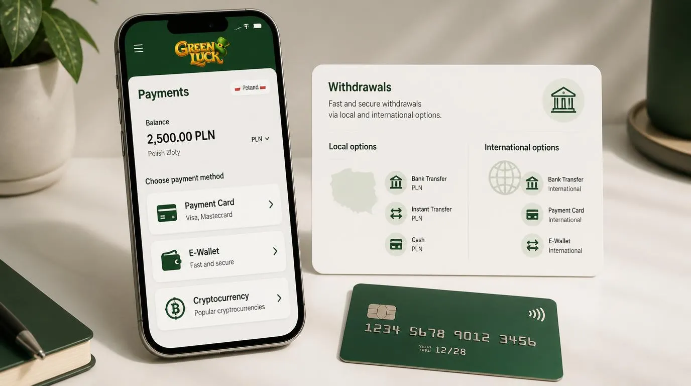 Telefon z panelem płatności w PLN oraz symbolami karty, portfela elektronicznego i kryptowalut
