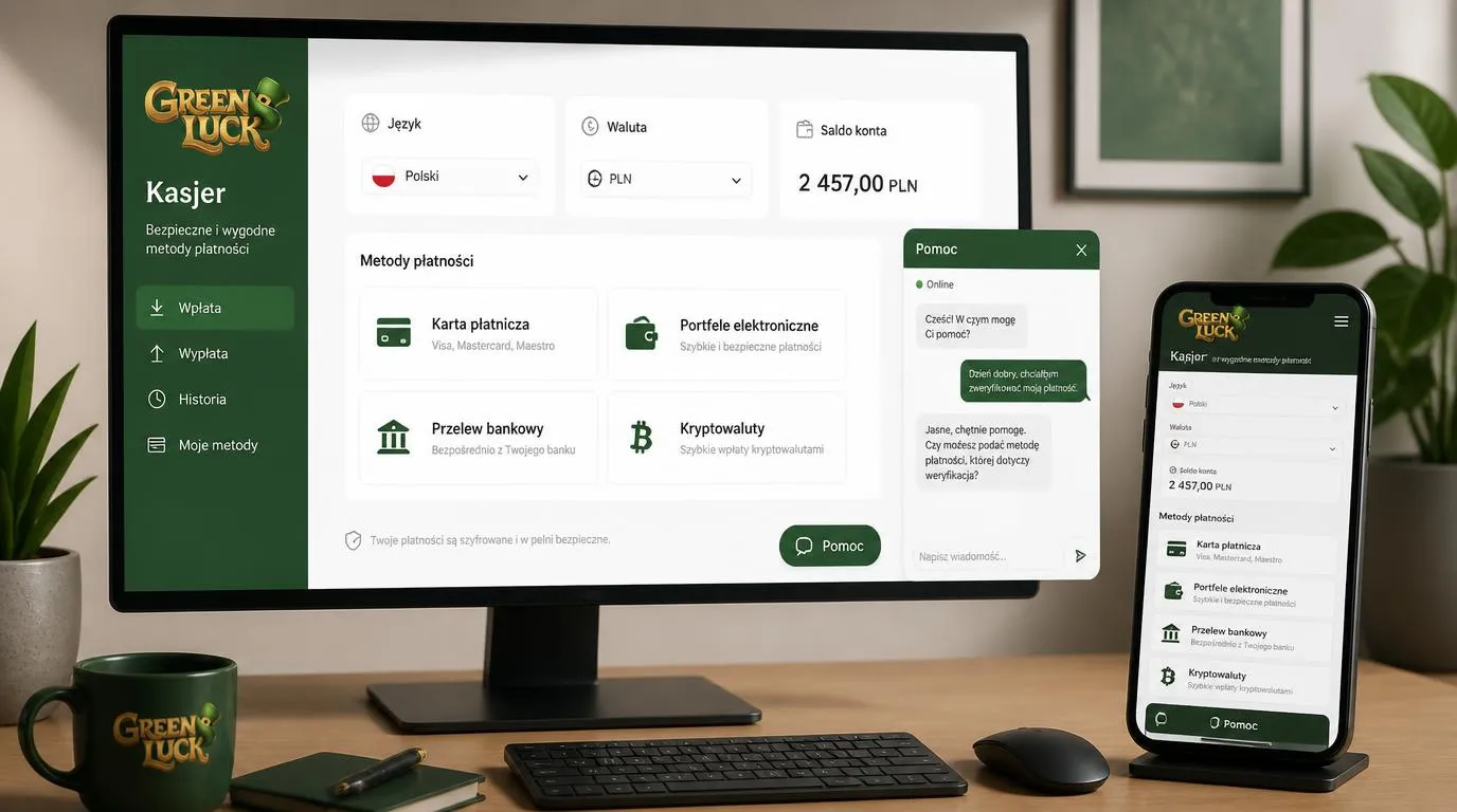 Panel kasy z polskim interfejsem, saldem w PLN, metodami płatności i przyciskiem czatu